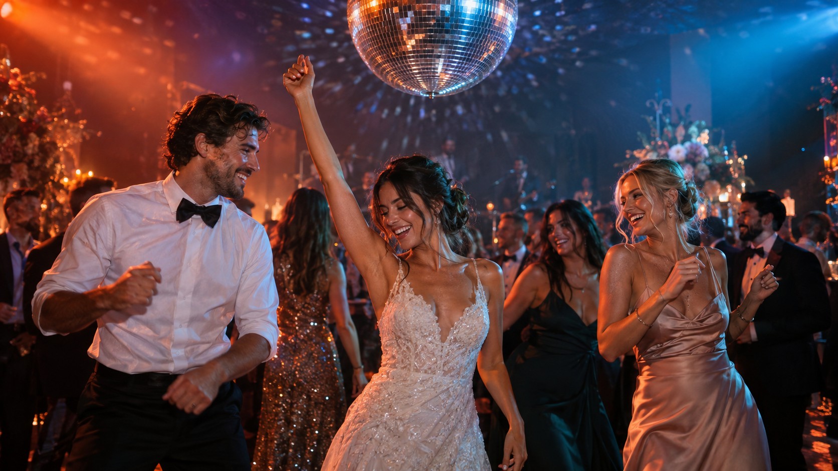 Invités dansant sous une boule à facettes