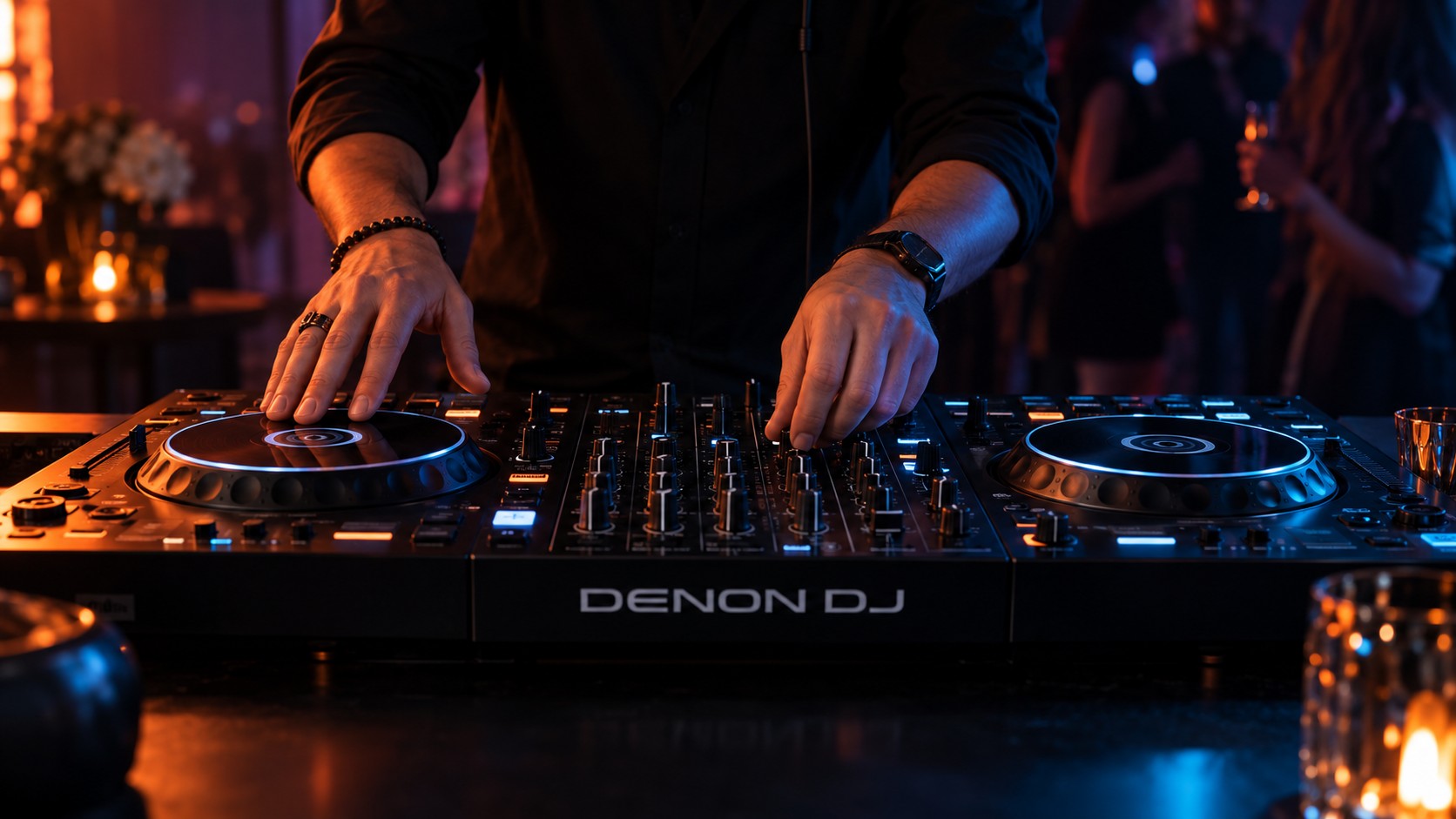 Mains sur un contrôleur DENON DJ sous des éclairages de soirée